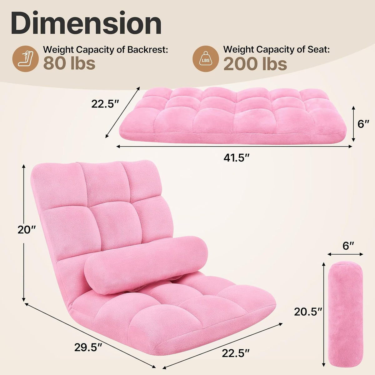 Folding Floor Chair with Back Support, 6 Adjustable Position