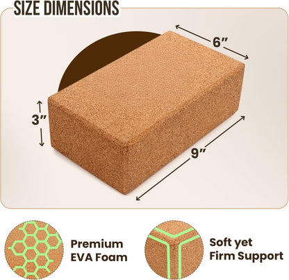 Cork Yoga Block – Natural Anti-Slip Yoga Block for Stability & Deepening Poses - 9x6x3 Inches, Single (Cork, Pack of 2)
