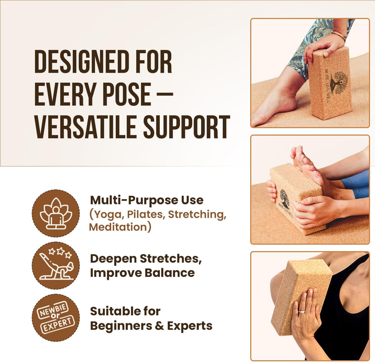 Cork Yoga Block – Natural Anti-Slip Yoga Block for Stability & Deepening Poses - 9x6x3 Inches, Single (Cork, Pack of 2)