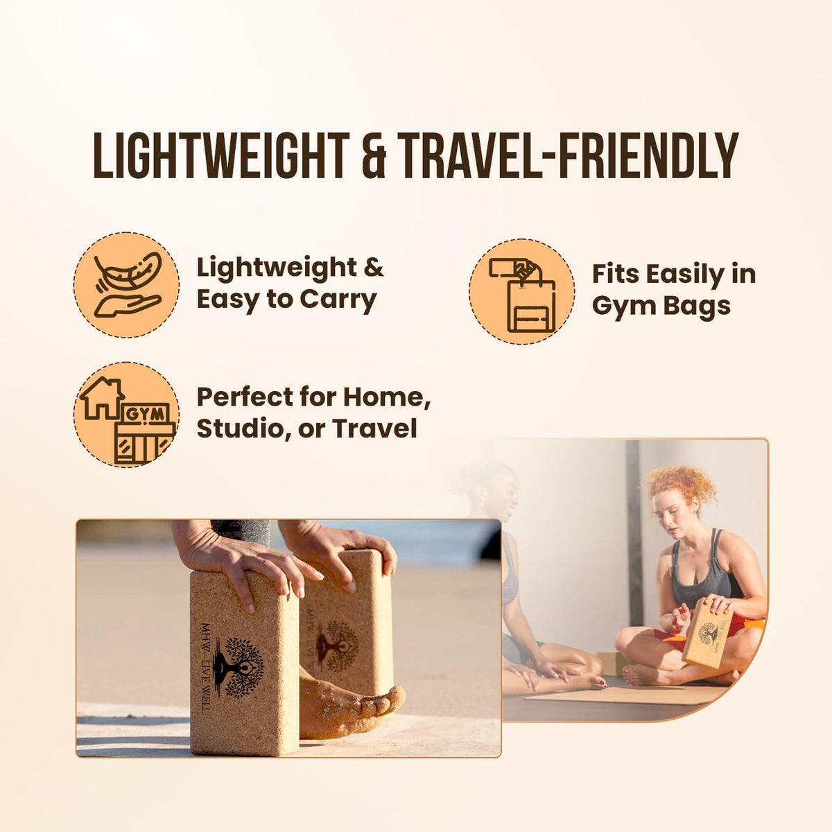 Cork Yoga Block – Natural Anti-Slip Yoga Block for Stability & Deepening Poses - 9x6x3 Inches, Single (Cork, Pack of 2)