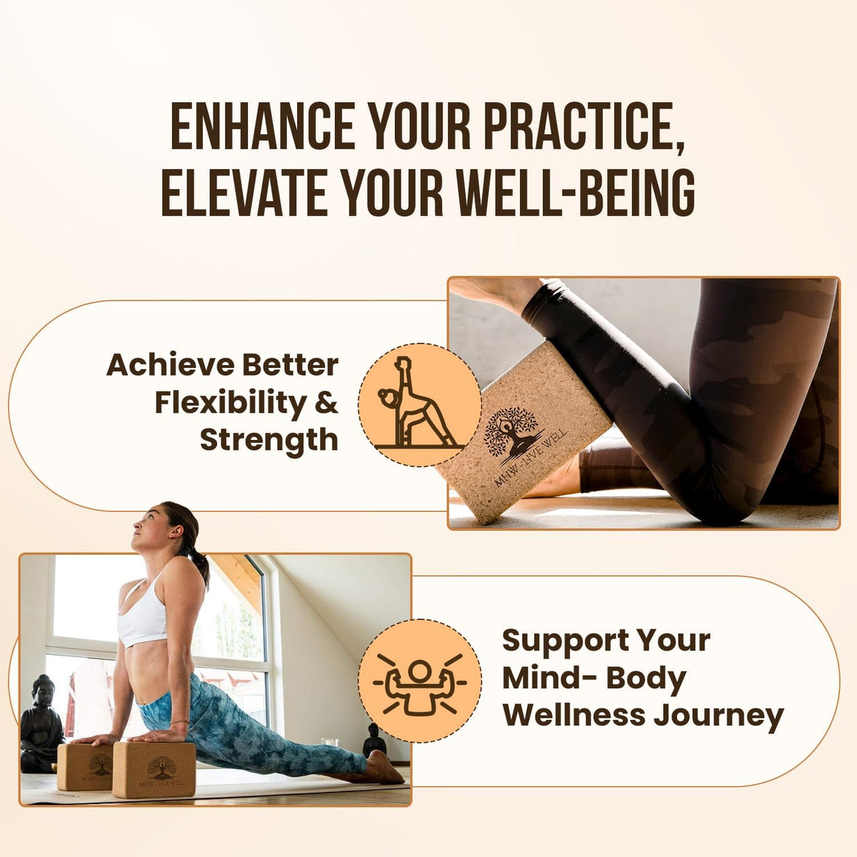 Cork Yoga Block – Natural Anti-Slip Yoga Block for Stability & Deepening Poses - 9x6x3 Inches, Single (Cork, Pack of 2)
