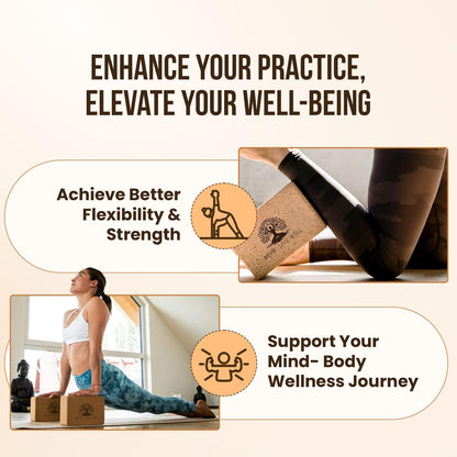 Cork Yoga Block – Natural Anti-Slip Yoga Block for Stability & Deepening Poses - 9x6x3 Inches, Single (Cork, Pack of 2)