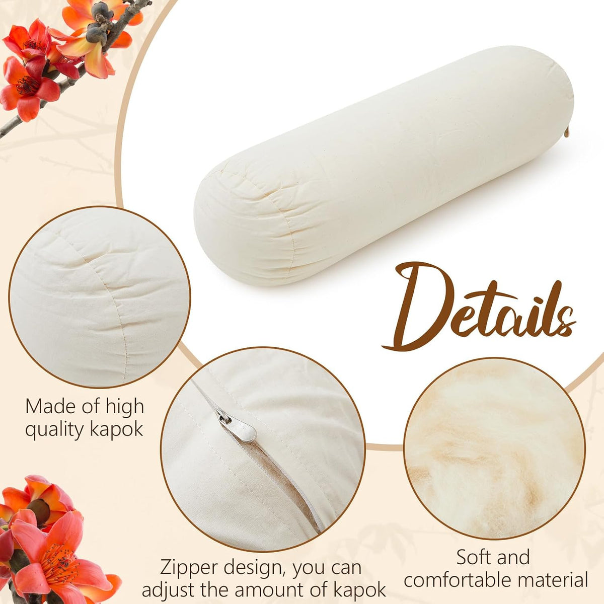Organic Kapok Neck Roll Pillow for Sleeping, 16" X 6"