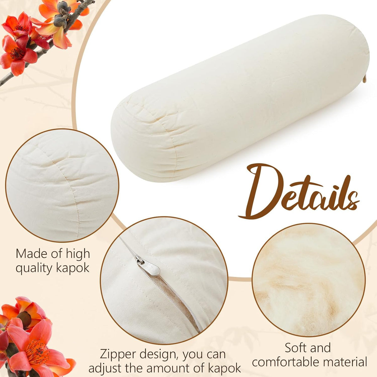 Organic Kapok Neck Roll Pillow for Sleeping, 16" X 6"
