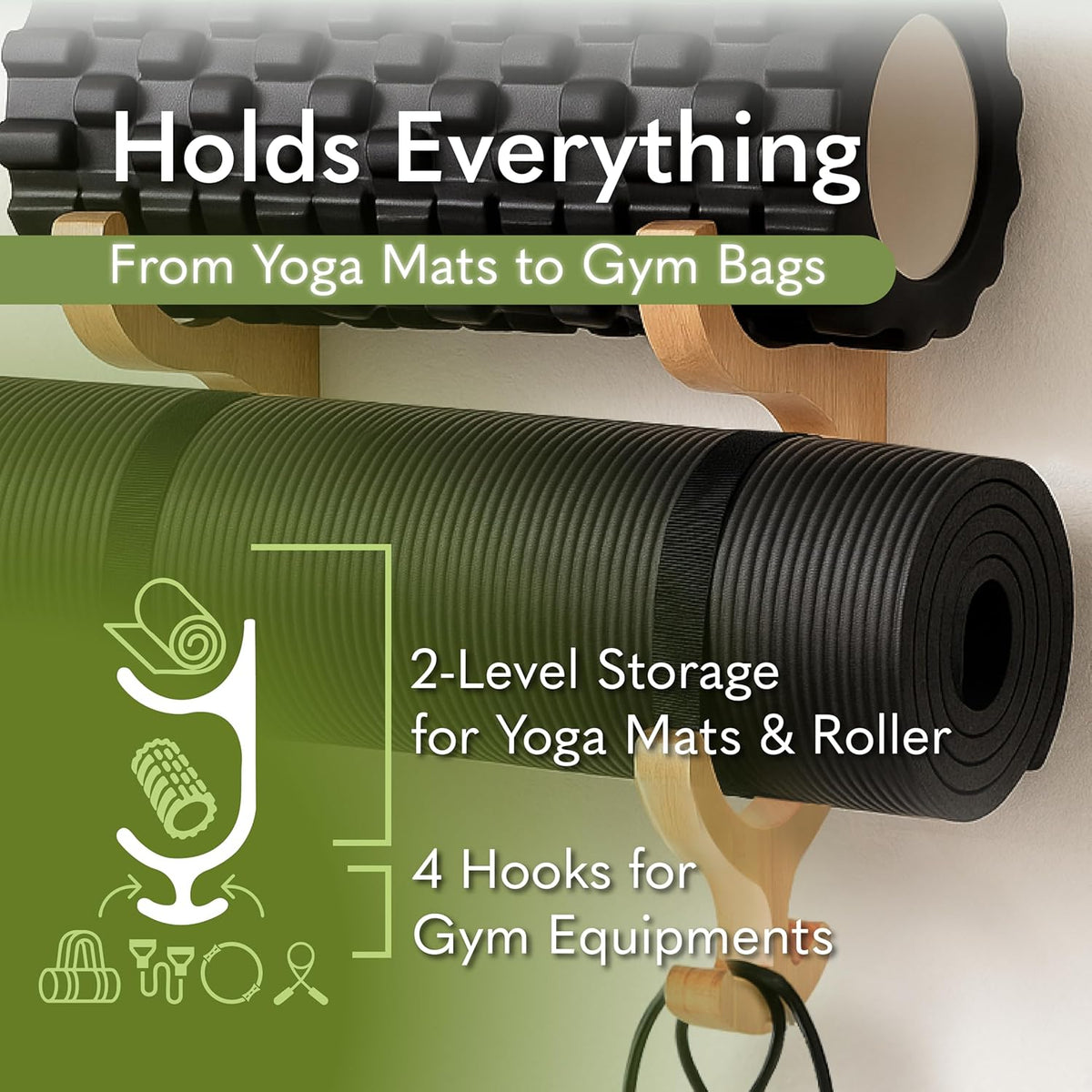 Wooden Yoga Mat Holder Wall Mount - Home Gym Decor - Yoga Mat Storage - Garage Gym Accessories Storage & Organizer - Resistance Band Wall Mount - Gym Organization for Home