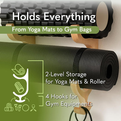 Wooden Yoga Mat Holder Wall Mount - Home Gym Decor - Yoga Mat Storage - Garage Gym Accessories Storage & Organizer - Resistance Band Wall Mount - Gym Organization for Home