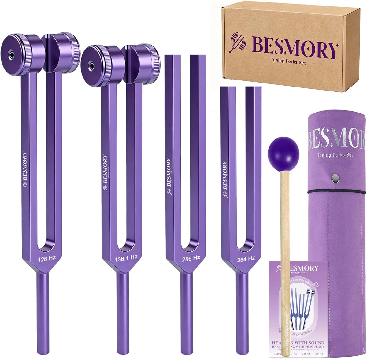 Tuning Forks for Healing Set (128Hz, 136Hz, 256Hz, 384Hz), Purple | Weighted and Unweighted Tuning Fork, Sound Healing for Meditation, Yoga, Chakra Balancing, with Reflex Hammer & Velvet Pouch