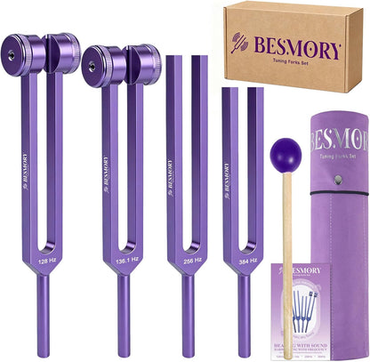 Tuning Forks for Healing Set (128Hz, 136Hz, 256Hz, 384Hz), Purple | Weighted and Unweighted Tuning Fork, Sound Healing for Meditation, Yoga, Chakra Balancing, with Reflex Hammer & Velvet Pouch