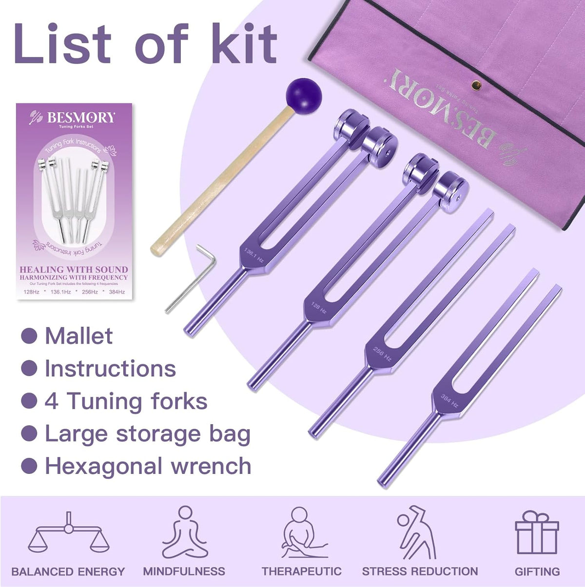 Tuning Forks for Healing Set (128Hz, 136Hz, 256Hz, 384Hz), Purple | Weighted and Unweighted Tuning Fork, Sound Healing for Meditation, Yoga, Chakra Balancing, with Reflex Hammer & Velvet Pouch
