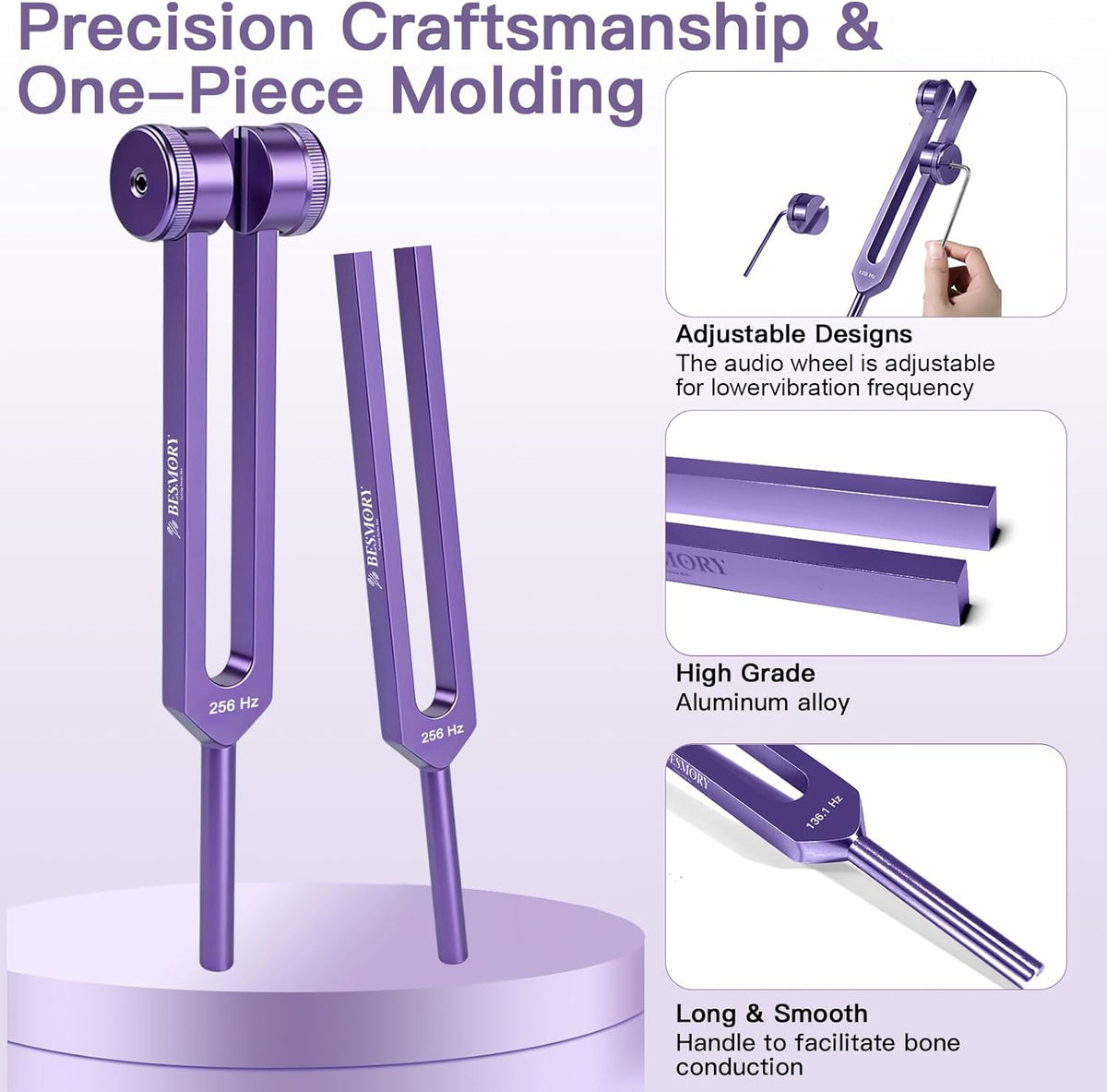 Tuning Forks for Healing Set (128Hz, 136Hz, 256Hz, 384Hz), Purple | Weighted and Unweighted Tuning Fork, Sound Healing for Meditation, Yoga, Chakra Balancing, with Reflex Hammer & Velvet Pouch
