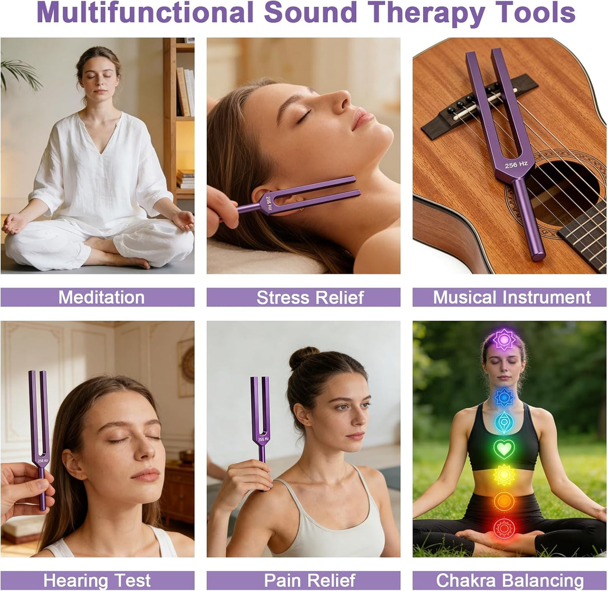 Tuning Forks for Healing Set (128Hz, 136Hz, 256Hz, 384Hz), Purple | Weighted and Unweighted Tuning Fork, Sound Healing for Meditation, Yoga, Chakra Balancing, with Reflex Hammer & Velvet Pouch
