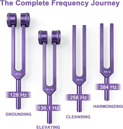 Tuning Forks for Healing Set (128Hz, 136Hz, 256Hz, 384Hz), Purple | Weighted and Unweighted Tuning Fork, Sound Healing for Meditation, Yoga, Chakra Balancing, with Reflex Hammer & Velvet Pouch