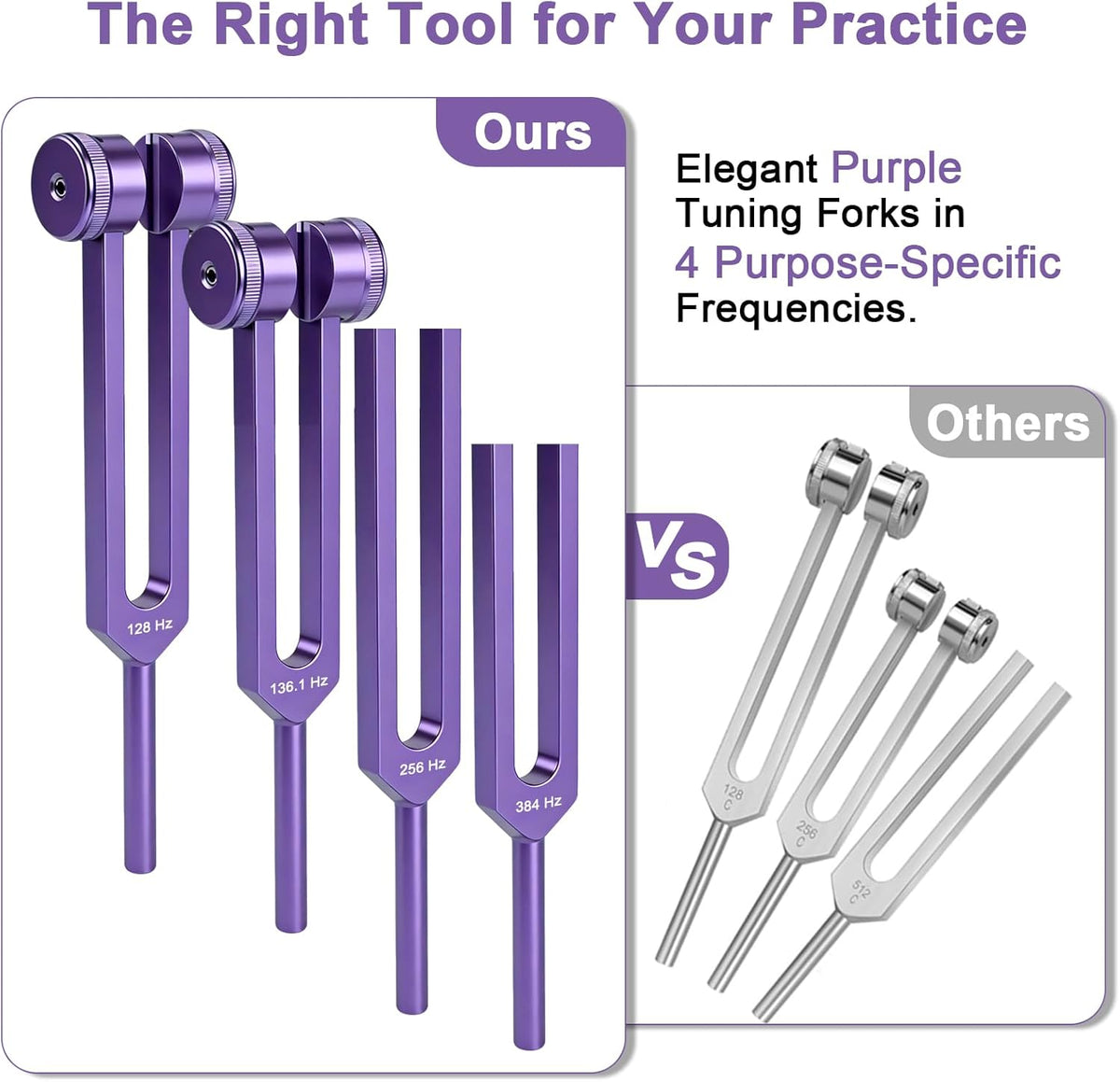 Tuning Forks for Healing Set (128Hz, 136Hz, 256Hz, 384Hz), Purple | Weighted and Unweighted Tuning Fork, Sound Healing for Meditation, Yoga, Chakra Balancing, with Reflex Hammer & Velvet Pouch