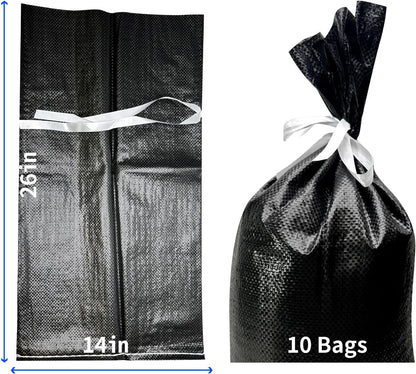 Empty Sandbags for Hurricane Flooding - UV Protected, Military Grade, 14" x 26" with Ties, Holds 50 lbs for Flood Protection – Pack of 10 Bags