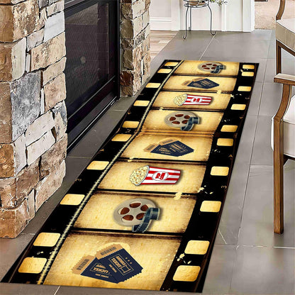 Movie Room Runner Rug,2x7ft,Film Ticket Reels and Popcorn Patchwork Patterned Rugs,Movie Night Theme,Non-Slip Door Mat for Kitchen, Hallway, Playroom, Nursery, Yoga Mat