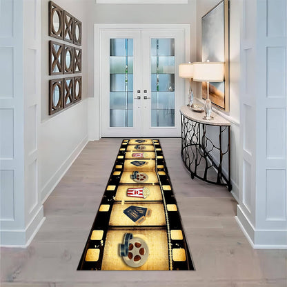 Movie Room Runner Rug,2x7ft,Film Ticket Reels and Popcorn Patchwork Patterned Rugs,Movie Night Theme,Non-Slip Door Mat for Kitchen, Hallway, Playroom, Nursery, Yoga Mat