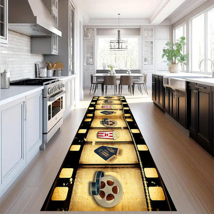 Movie Room Runner Rug,2x7ft,Film Ticket Reels and Popcorn Patchwork Patterned Rugs,Movie Night Theme,Non-Slip Door Mat for Kitchen, Hallway, Playroom, Nursery, Yoga Mat
