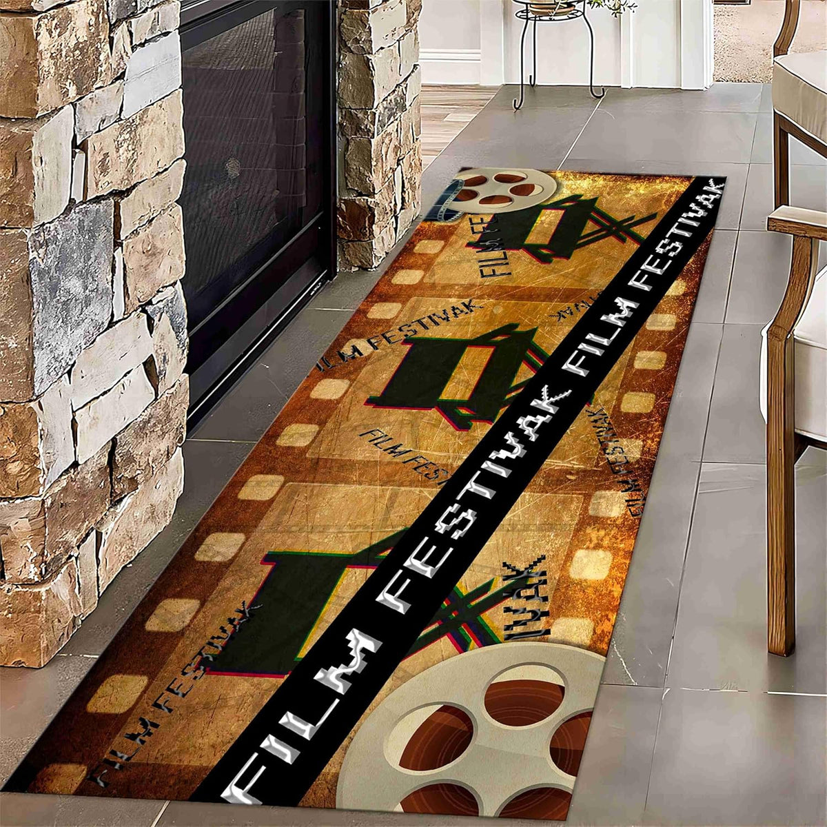 Movie Room Runner Rug,2x7ft,Film Ticket Reels and Popcorn Patchwork Patterned Rugs,Movie Night Theme,Non-Slip Door Mat for Kitchen, Hallway, Playroom, Nursery, Yoga Mat