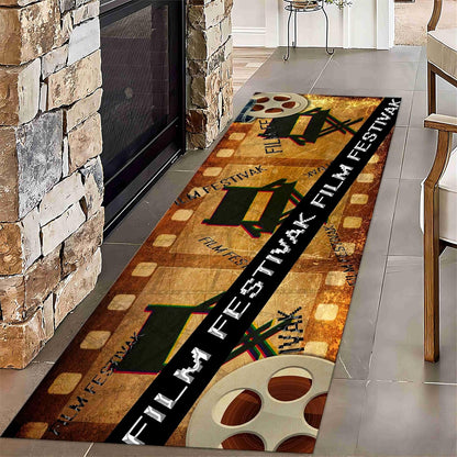 Movie Room Runner Rug,2x7ft,Film Ticket Reels and Popcorn Patchwork Patterned Rugs,Movie Night Theme,Non-Slip Door Mat for Kitchen, Hallway, Playroom, Nursery, Yoga Mat