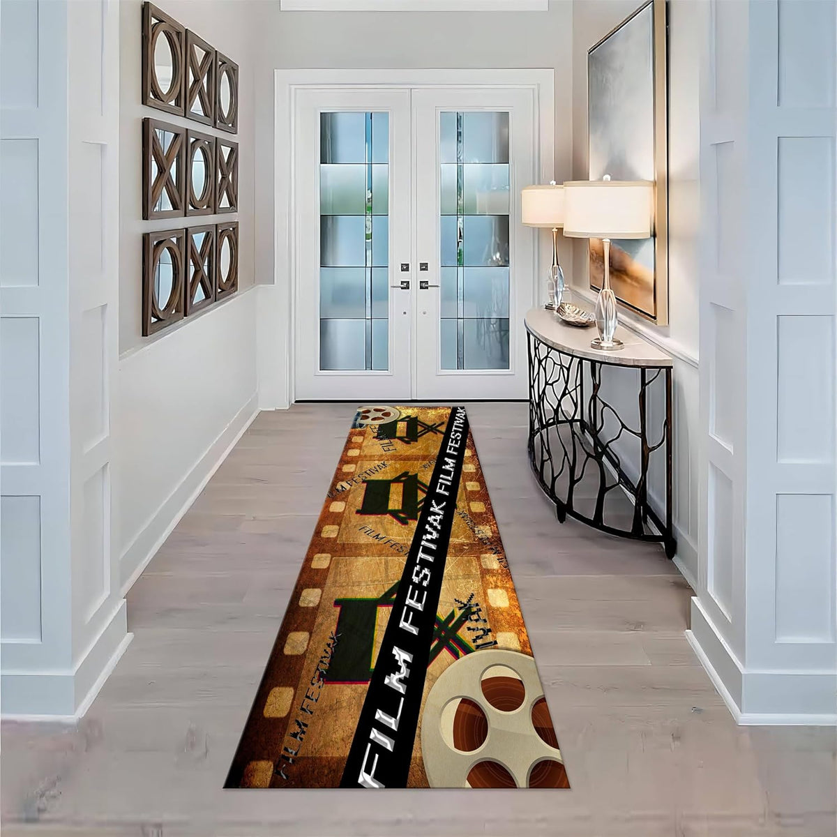 Movie Room Runner Rug,2x7ft,Film Ticket Reels and Popcorn Patchwork Patterned Rugs,Movie Night Theme,Non-Slip Door Mat for Kitchen, Hallway, Playroom, Nursery, Yoga Mat