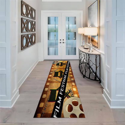 Movie Room Runner Rug,2x7ft,Film Ticket Reels and Popcorn Patchwork Patterned Rugs,Movie Night Theme,Non-Slip Door Mat for Kitchen, Hallway, Playroom, Nursery, Yoga Mat