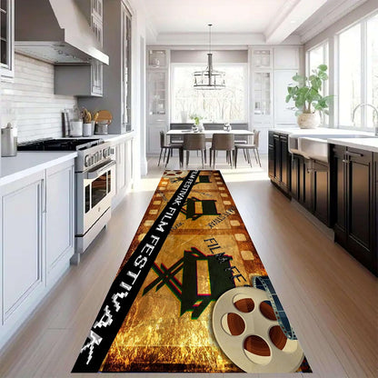 Movie Room Runner Rug,2x7ft,Film Ticket Reels and Popcorn Patchwork Patterned Rugs,Movie Night Theme,Non-Slip Door Mat for Kitchen, Hallway, Playroom, Nursery, Yoga Mat