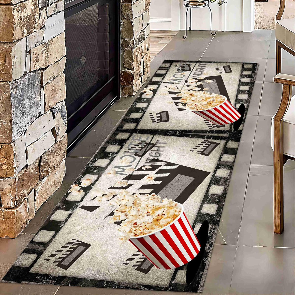 Movie Room Runner Rug,2x7ft,Film Ticket Reels and Popcorn Patchwork Patterned Rugs,Movie Night Theme,Non-Slip Door Mat for Kitchen, Hallway, Playroom, Nursery, Yoga Mat