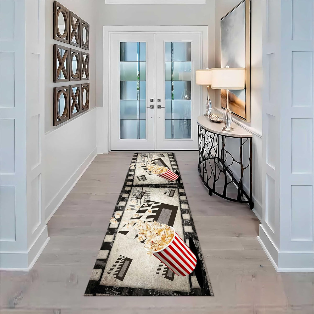 Movie Room Runner Rug,2x7ft,Film Ticket Reels and Popcorn Patchwork Patterned Rugs,Movie Night Theme,Non-Slip Door Mat for Kitchen, Hallway, Playroom, Nursery, Yoga Mat