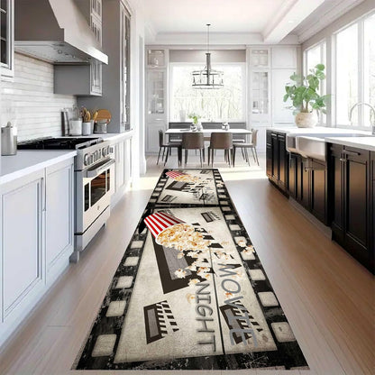 Movie Room Runner Rug,2x7ft,Film Ticket Reels and Popcorn Patchwork Patterned Rugs,Movie Night Theme,Non-Slip Door Mat for Kitchen, Hallway, Playroom, Nursery, Yoga Mat