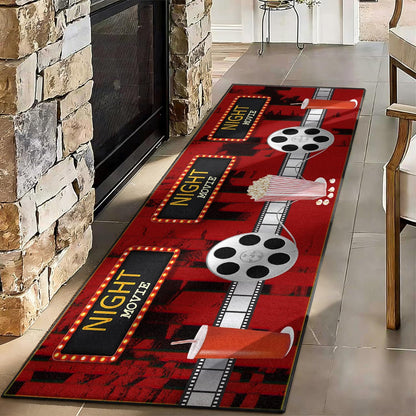 Movie Room Runner Rug,2x7ft,Film Ticket Reels and Popcorn Patchwork Patterned Rugs,Movie Night Theme,Non-Slip Door Mat for Kitchen, Hallway, Playroom, Nursery, Yoga Mat
