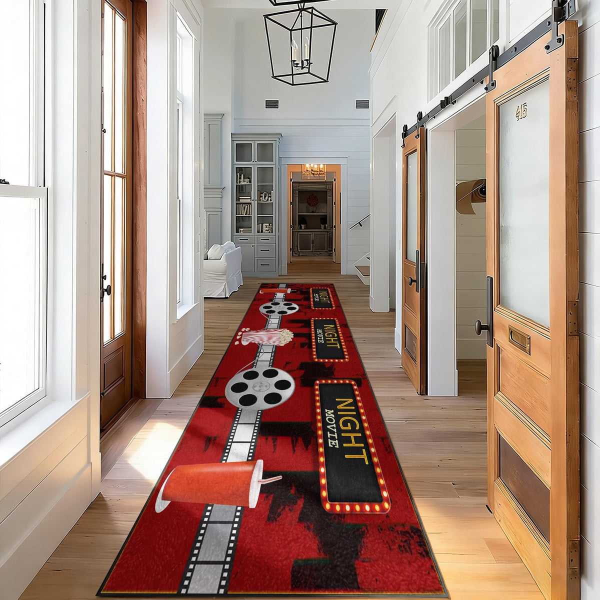Movie Room Runner Rug,2x7ft,Film Ticket Reels and Popcorn Patchwork Patterned Rugs,Movie Night Theme,Non-Slip Door Mat for Kitchen, Hallway, Playroom, Nursery, Yoga Mat