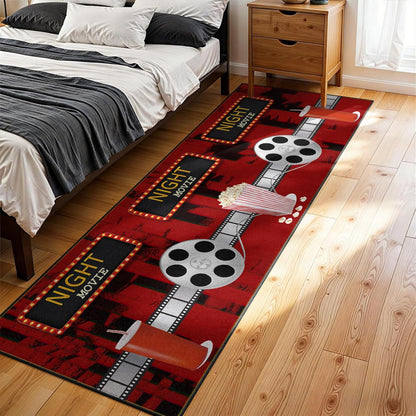 Movie Room Runner Rug,2x7ft,Film Ticket Reels and Popcorn Patchwork Patterned Rugs,Movie Night Theme,Non-Slip Door Mat for Kitchen, Hallway, Playroom, Nursery, Yoga Mat