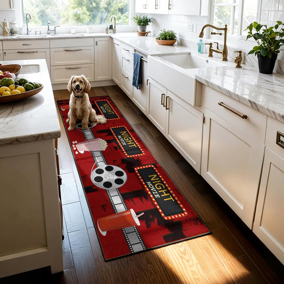 Movie Room Runner Rug,2x7ft,Film Ticket Reels and Popcorn Patchwork Patterned Rugs,Movie Night Theme,Non-Slip Door Mat for Kitchen, Hallway, Playroom, Nursery, Yoga Mat