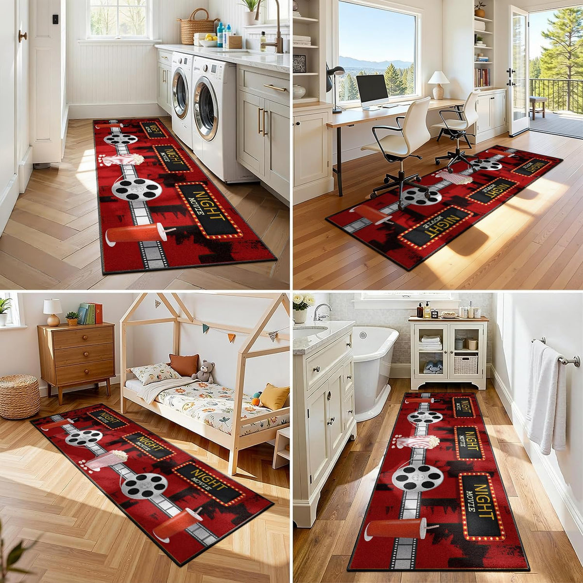 Movie Room Runner Rug,2x7ft,Film Ticket Reels and Popcorn Patchwork Patterned Rugs,Movie Night Theme,Non-Slip Door Mat for Kitchen, Hallway, Playroom, Nursery, Yoga Mat