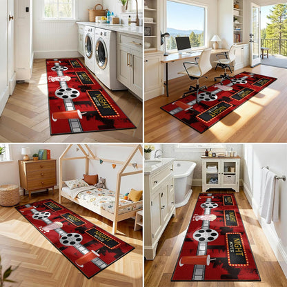 Movie Room Runner Rug,2x7ft,Film Ticket Reels and Popcorn Patchwork Patterned Rugs,Movie Night Theme,Non-Slip Door Mat for Kitchen, Hallway, Playroom, Nursery, Yoga Mat