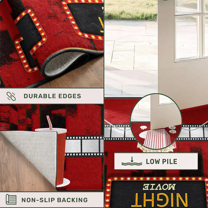 Movie Room Runner Rug,2x7ft,Film Ticket Reels and Popcorn Patchwork Patterned Rugs,Movie Night Theme,Non-Slip Door Mat for Kitchen, Hallway, Playroom, Nursery, Yoga Mat