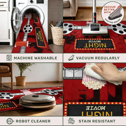 Movie Room Runner Rug,2x7ft,Film Ticket Reels and Popcorn Patchwork Patterned Rugs,Movie Night Theme,Non-Slip Door Mat for Kitchen, Hallway, Playroom, Nursery, Yoga Mat