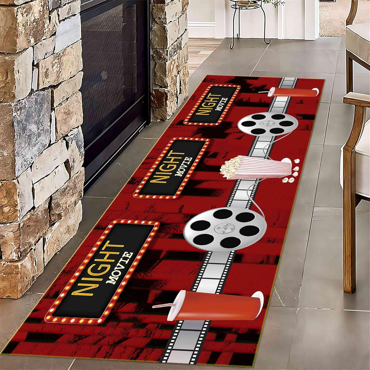Movie Room Runner Rug,2x7ft,Film Ticket Reels and Popcorn Patchwork Patterned Rugs,Movie Night Theme,Non-Slip Door Mat for Kitchen, Hallway, Playroom, Nursery, Yoga Mat