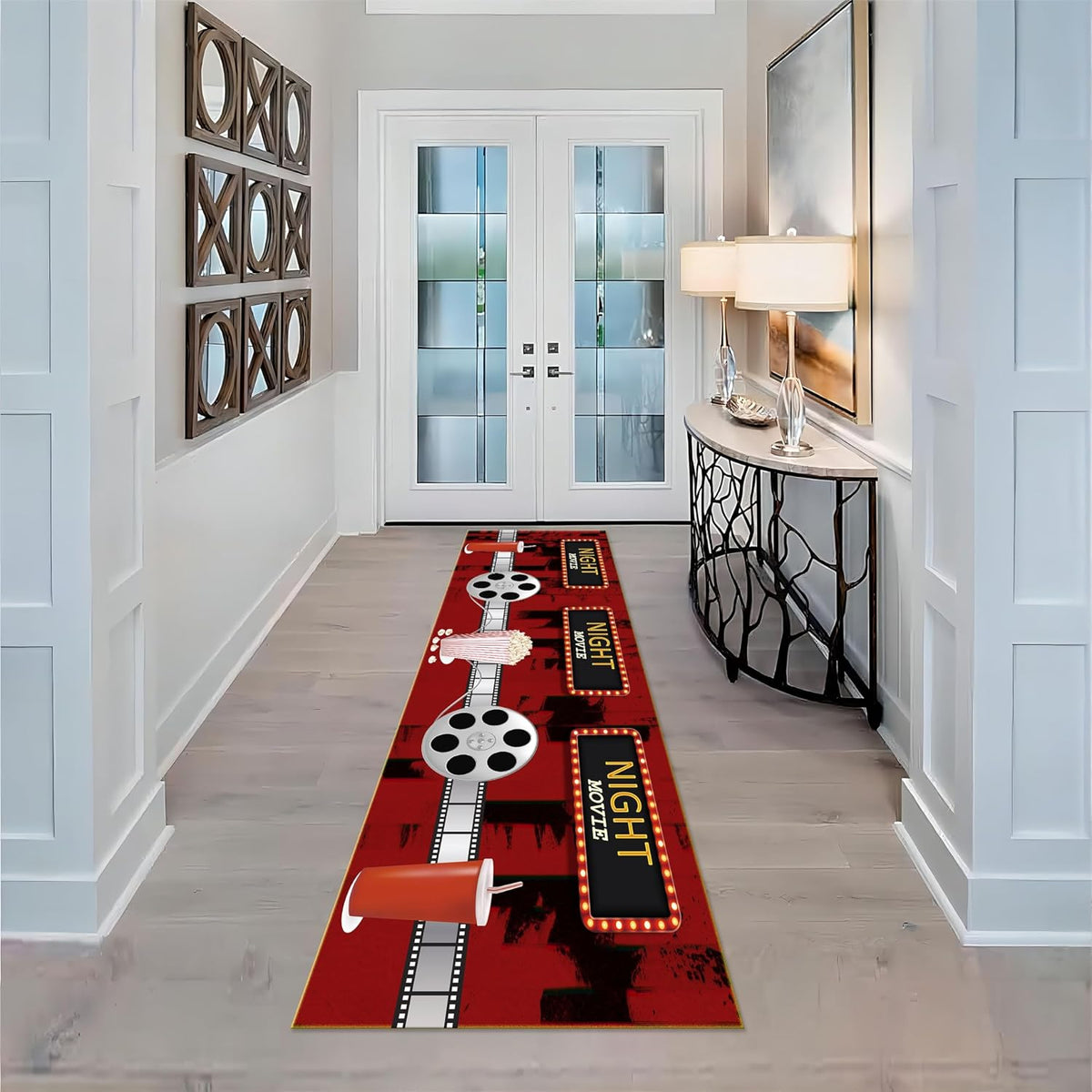 Movie Room Runner Rug,2x7ft,Film Ticket Reels and Popcorn Patchwork Patterned Rugs,Movie Night Theme,Non-Slip Door Mat for Kitchen, Hallway, Playroom, Nursery, Yoga Mat