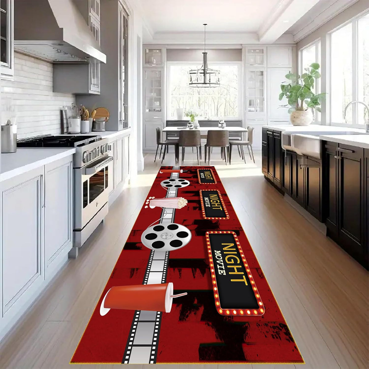 Movie Room Runner Rug,2x7ft,Film Ticket Reels and Popcorn Patchwork Patterned Rugs,Movie Night Theme,Non-Slip Door Mat for Kitchen, Hallway, Playroom, Nursery, Yoga Mat