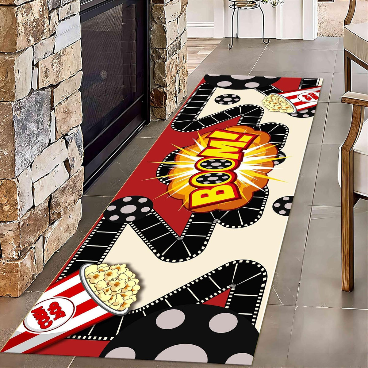 Movie Room Runner Rug,2x7ft,Film Ticket Reels and Popcorn Patchwork Patterned Rugs,Movie Night Theme,Non-Slip Door Mat for Kitchen, Hallway, Playroom, Nursery, Yoga Mat