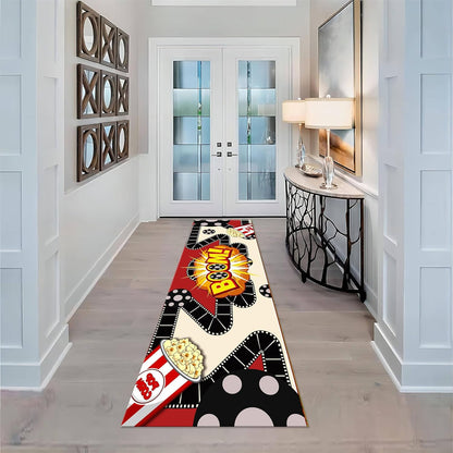 Movie Room Runner Rug,2x7ft,Film Ticket Reels and Popcorn Patchwork Patterned Rugs,Movie Night Theme,Non-Slip Door Mat for Kitchen, Hallway, Playroom, Nursery, Yoga Mat