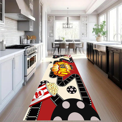 Movie Room Runner Rug,2x7ft,Film Ticket Reels and Popcorn Patchwork Patterned Rugs,Movie Night Theme,Non-Slip Door Mat for Kitchen, Hallway, Playroom, Nursery, Yoga Mat