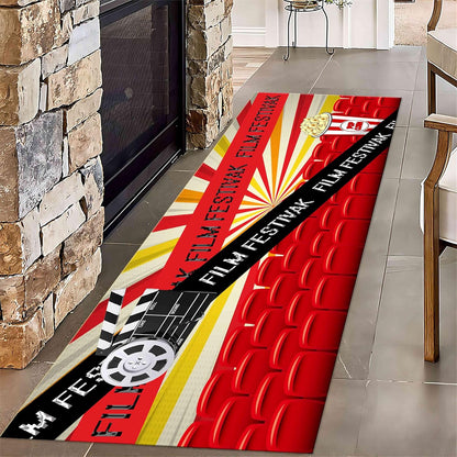Movie Room Runner Rug,2x7ft,Film Ticket Reels and Popcorn Patchwork Patterned Rugs,Movie Night Theme,Non-Slip Door Mat for Kitchen, Hallway, Playroom, Nursery, Yoga Mat