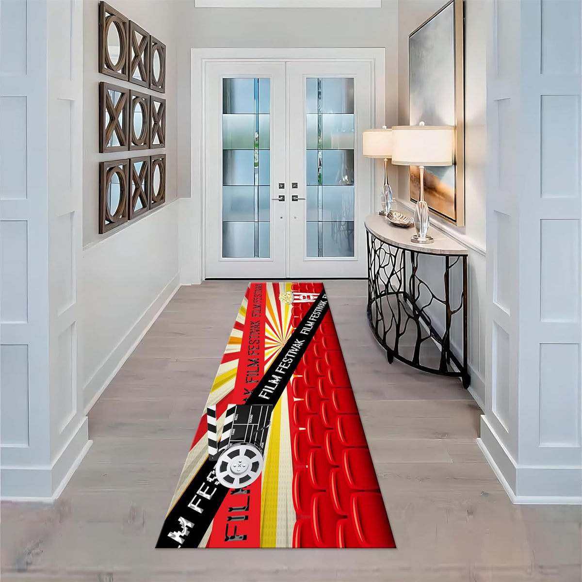 Movie Room Runner Rug,2x7ft,Film Ticket Reels and Popcorn Patchwork Patterned Rugs,Movie Night Theme,Non-Slip Door Mat for Kitchen, Hallway, Playroom, Nursery, Yoga Mat