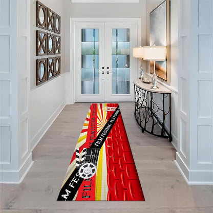 Movie Room Runner Rug,2x7ft,Film Ticket Reels and Popcorn Patchwork Patterned Rugs,Movie Night Theme,Non-Slip Door Mat for Kitchen, Hallway, Playroom, Nursery, Yoga Mat