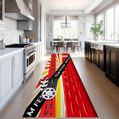 Movie Room Runner Rug,2x7ft,Film Ticket Reels and Popcorn Patchwork Patterned Rugs,Movie Night Theme,Non-Slip Door Mat for Kitchen, Hallway, Playroom, Nursery, Yoga Mat