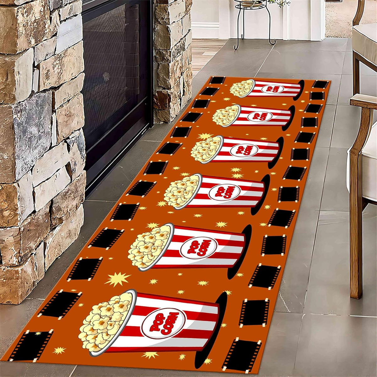 Movie Room Runner Rug,2x7ft,Film Ticket Reels and Popcorn Patchwork Patterned Rugs,Movie Night Theme,Non-Slip Door Mat for Kitchen, Hallway, Playroom, Nursery, Yoga Mat
