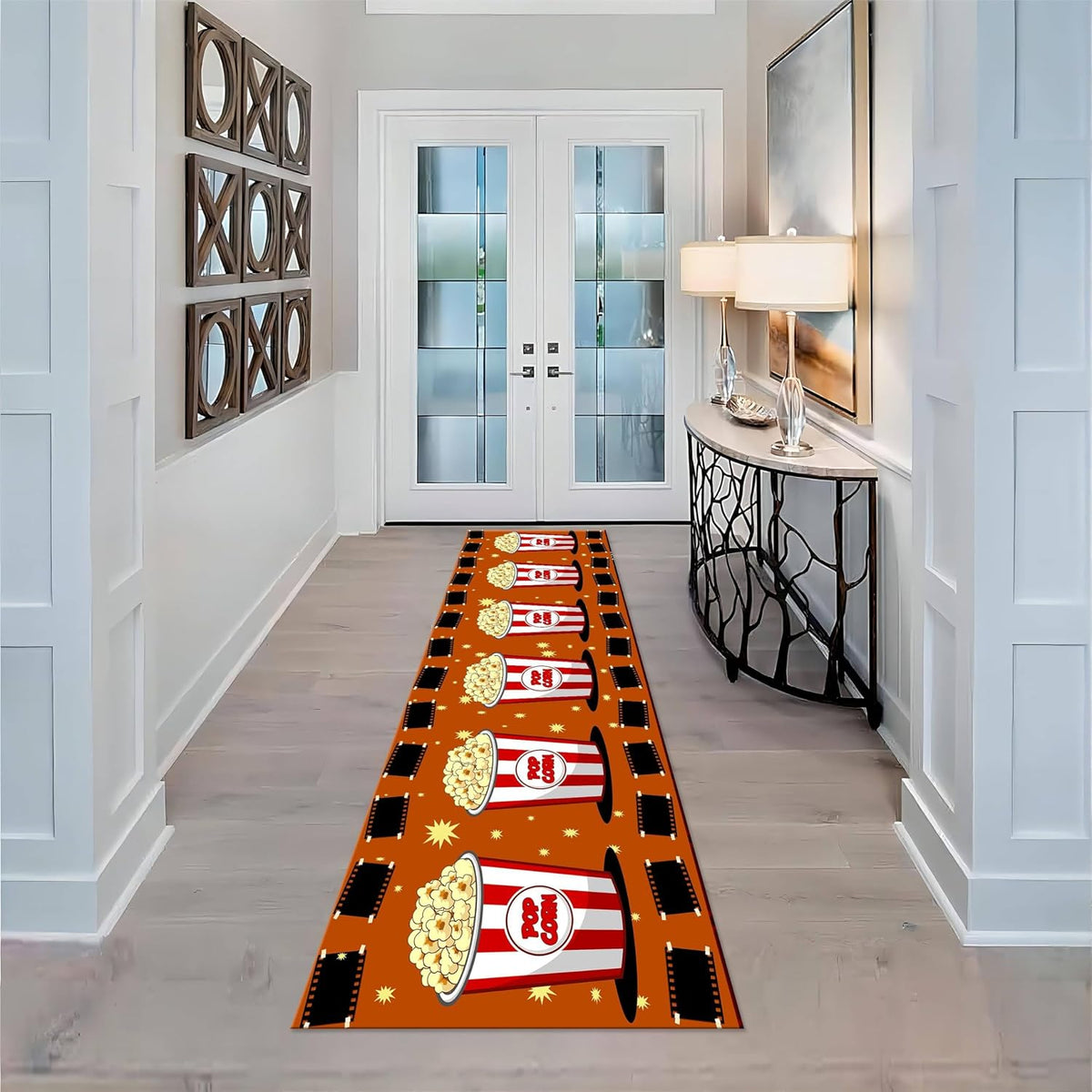 Movie Room Runner Rug,2x7ft,Film Ticket Reels and Popcorn Patchwork Patterned Rugs,Movie Night Theme,Non-Slip Door Mat for Kitchen, Hallway, Playroom, Nursery, Yoga Mat