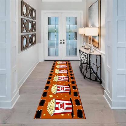 Movie Room Runner Rug,2x7ft,Film Ticket Reels and Popcorn Patchwork Patterned Rugs,Movie Night Theme,Non-Slip Door Mat for Kitchen, Hallway, Playroom, Nursery, Yoga Mat